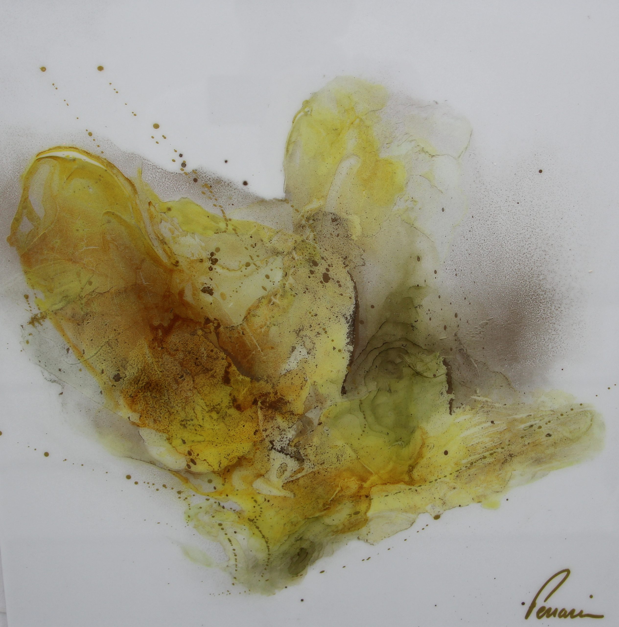 tableau abstrait sur métal au couleurs couleur et or  évoquant un soleil d'été