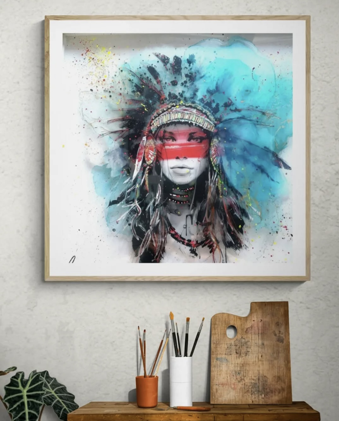 Oeuvre d'art sur plexi figurative portrait d'indienne coiffe bleu et bandeau rouge sur les yeux 