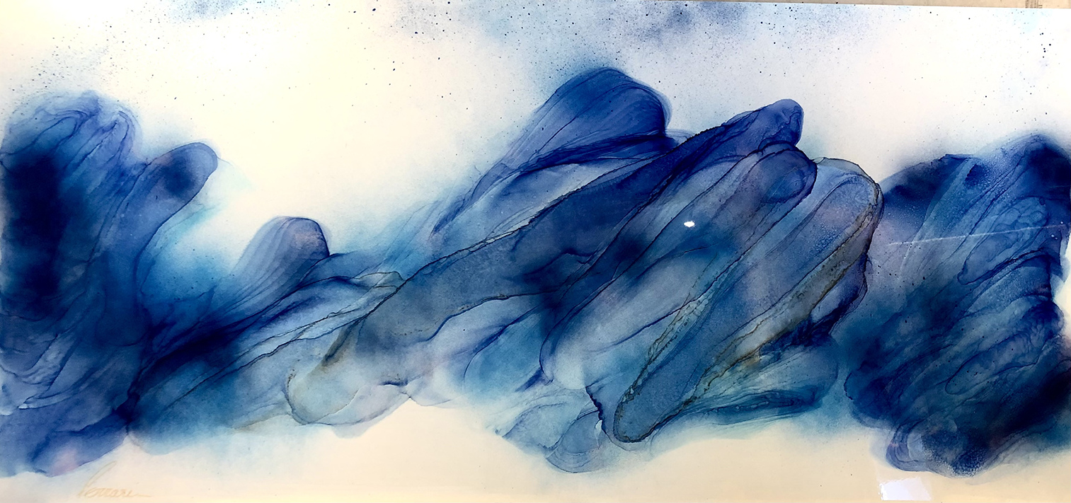 tableau abstrait bleu indigo sur metal vernis carrosserie