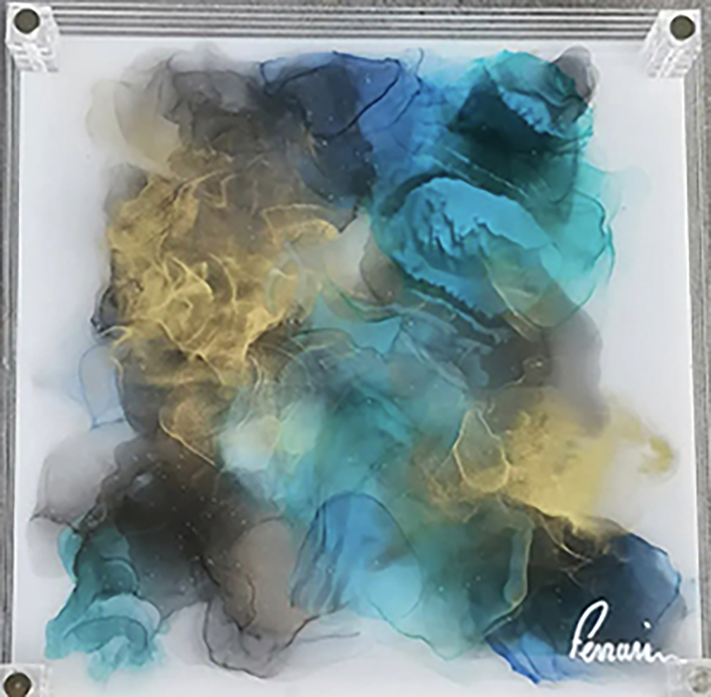 tableau abstrait sur plexiglass en plusieurs couches dans le stons de bleu, vert et or 