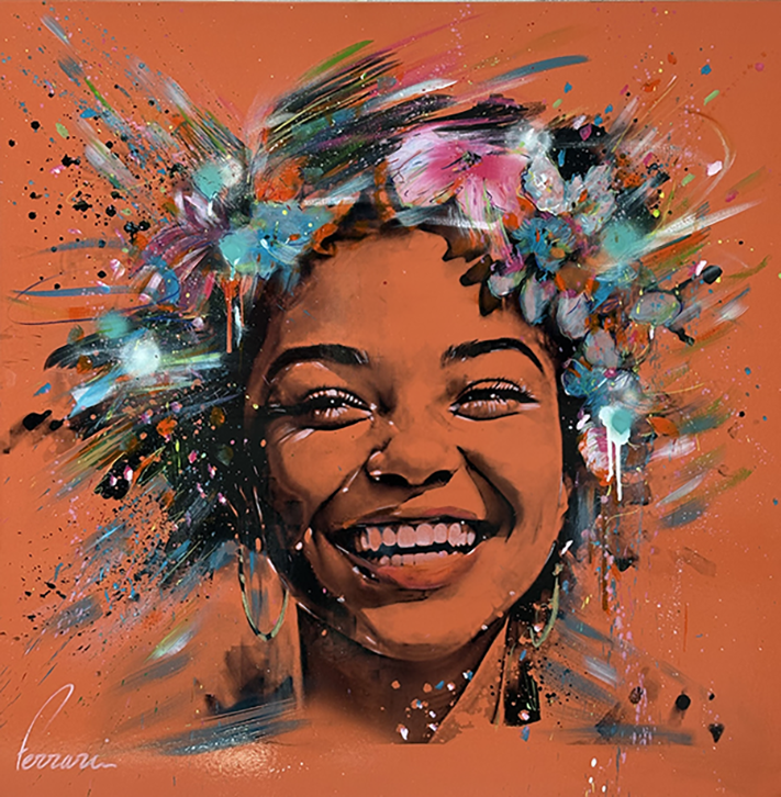 Enfant au large sourire portrait street art, visage noir et blanc au fusain et fleurs dans les cheveux, bleu, rose, fond vif orange