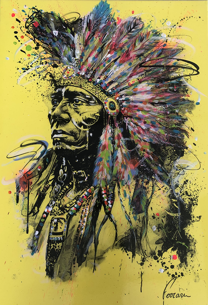 indien plumes  grand chef fond jaune sur toile