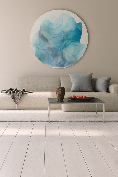 tableau abstrait sur metal de forme ronde avec des dégradés de bleu,son titre est blue moon 